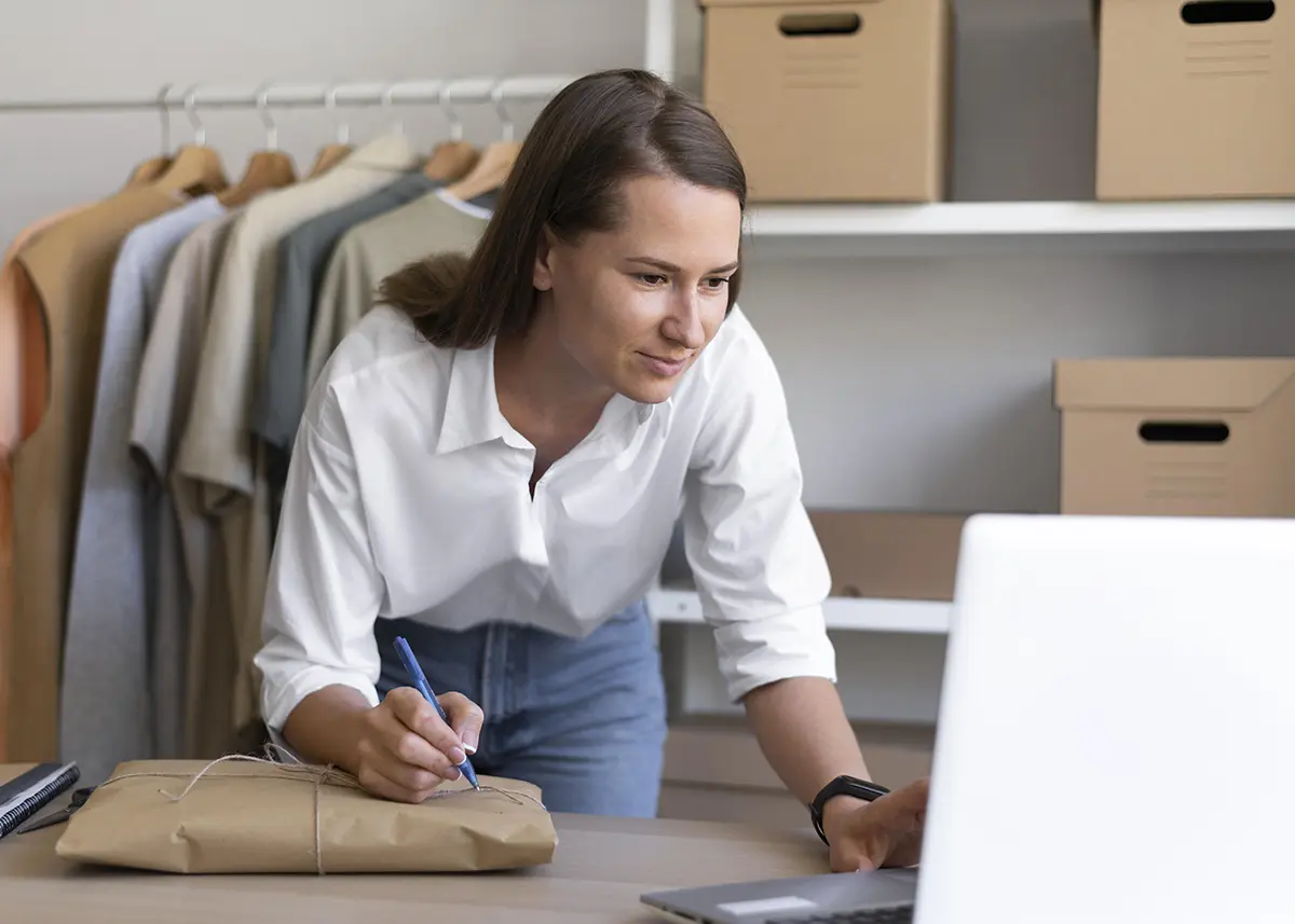 Mujer revisando el stock de su tienda online en el ordenador con su plataforma de venta ecommerce.